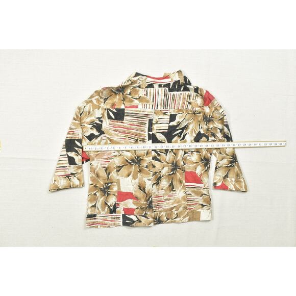 Chico's Women's Regular Size 3 Tan Black Red Floral Abstract Shirt Jacket - Picture 3 of 8